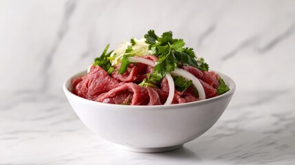 Pho bowl garnished with thin slices of beef, onions, and fresh herbs. The side view emphasizes the clear broth and rich textures, set against a minimalist, aesthetic backdrop.