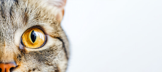 Wall Mural - cat showing its beautiful yellow eyes on white background with copy space