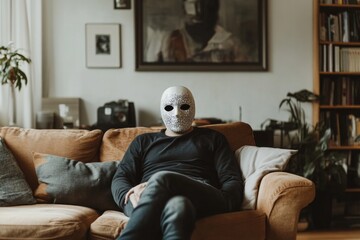 Poster - A person sitting on a couch wearing a mask