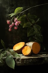 Poster - A sweet potato sits next to a plant on a table