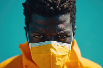 Poster - A person wearing a yellow face mask, great for health and wellness or pandemic related themes