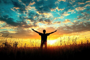 Poster - A person standing in a grassy field during golden hour, ideal for use in editorial or commercial projects related to nature and outdoor activities