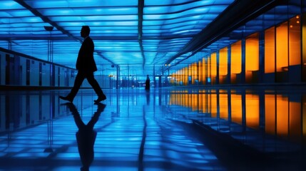 Poster - A silhouette of a person walking through a building, great for use in illustrations, infographics, or presentations about urban life, architecture, or human movement