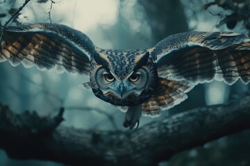 Poster - A close-up shot of an owl flying over a tree branch, with the moon shining in the background