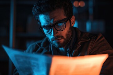 Poster - A person sits in a darkened space, focused on the newsprint