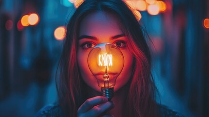 Fototapete - A woman holds a light bulb in front of her face, creating a striking and dramatic effect