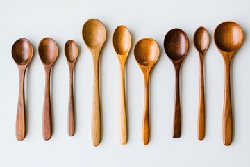 Poster - Row of wooden spoons on a clean white background, ideal for kitchen or cooking themed illustrations