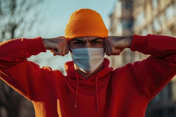 Poster - A person wearing a red sweatshirt and a mask to conceal their identity