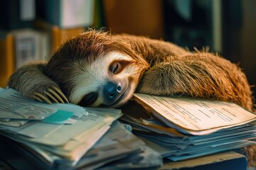 Poster - A sloth resting on top of a stack of documents and papers, showcasing its slow-paced lifestyle
