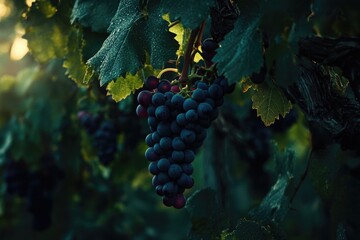 Poster - A bunch of juicy grapes hang from a lush green vine, ready for picking