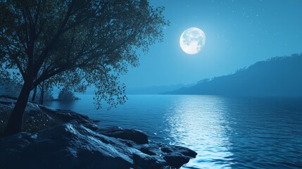 Poster - Water under moonlight: A tranquil scene of water illuminated by the soft glow of the moon, creating a peaceful and slightly mystical atmosphere.