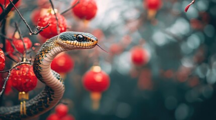Poster - A snake coiled around a tree branch, possibly hunting or resting