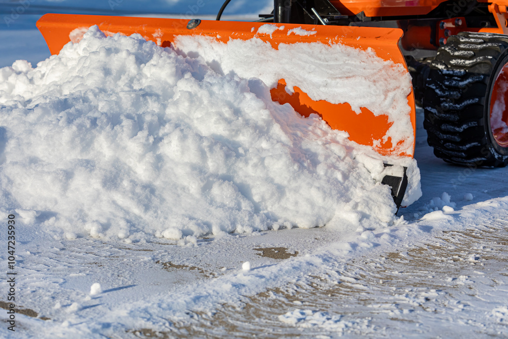 An orange snow plow pushing a large pile of fresh snow off a paved surface.