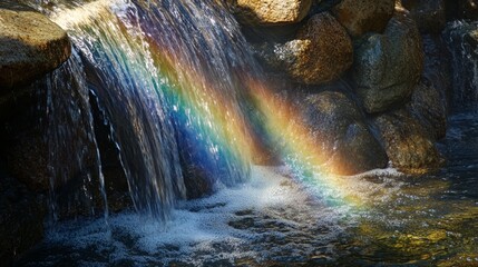 Poster - Water with rainbow: Water in a scene where a rainbow is visible, possibly created by mist from a waterfall or fountain, adding a magical and colorful element.