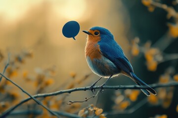 Poster - A blue and orange bird perched on a tree branch, ready to take flight