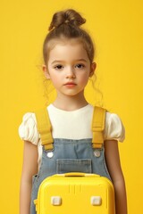 Aufkleber - A young girl holding a yellow suitcase on a bright yellow background, perfect for use in illustrations, posters, and more