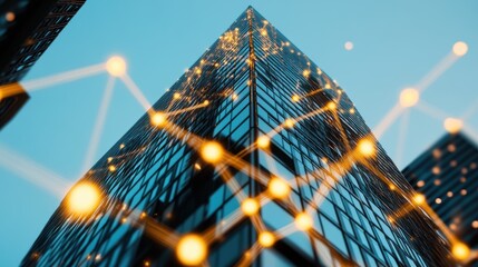 Poster - A towering skyscraper with an intricate network of glowing lines, representing smart building technology.