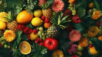 Poster - A variety of fresh fruits and vegetables arranged on a table