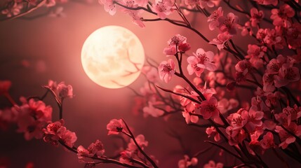 Poster - A blooming tree lit by the bright full moon