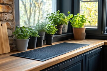 Poster - A kitchen window sill featuring potted plants and cutting boards, perfect for a home decor or still life photo shoot