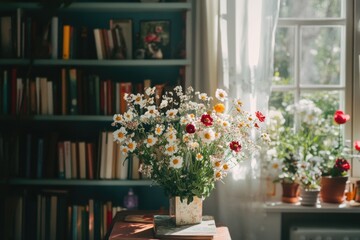 Poster - A vase of flowers sits on a table in front of a window, providing natural light