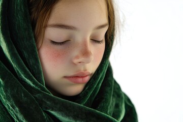 Poster - A young girl wearing a green scarf that covers her face, captured in a candid moment