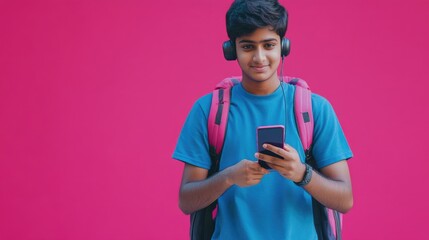 Aufkleber - A young man sitting and looking at his cell phone, wearing headphones
