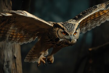 Poster - A close-up image of an owl soaring through the air, its wings outstretched
