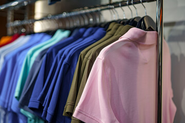 Men's t-shirts on a hanger in a clothing store in a shopping mall.