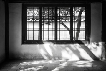 Aufkleber - A classic black and white photograph of a window in a building