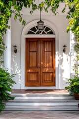 Poster - A wooden front door flanked by two planters