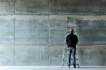 Poster - A person in a hard hat and safety gear stands on a ladder, possibly working or maintaining something