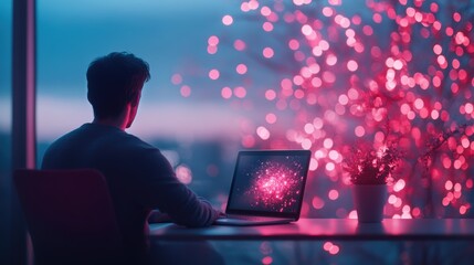 A person working from home using a holographic display, depicting the future of remote work.