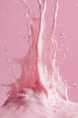 Poster - A close-up view of pink liquid splashing on a pink surface, perfect for highlighting beauty and creativity