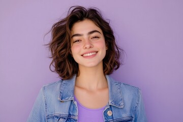 Poster - A happy woman wearing a denim jacket and smiling directly at the camera