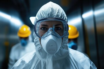 Aufkleber - Scientist wearing hazmat suit and mask working in laboratory