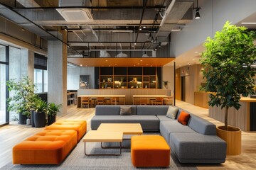 Poster - Modern open space office lounge area with nobody relaxing on the couch