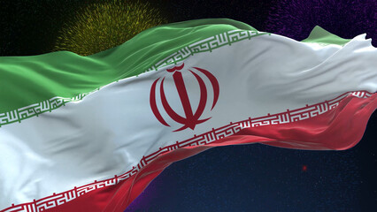 Iran flag - Waving flag on celebrating fireworks for national holiday day. Ceremony for patriotic celebration of nation 