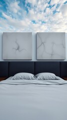 Two empty bedroom canvases with dark grey bed headboard. bedroom. Ultra realistic. Photorealistic