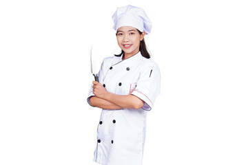 Asian woman chef in uniform holding kitchen utensils isolated transparent