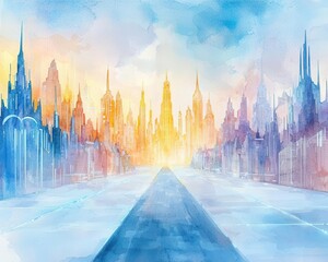 Winter sci-fi metropolis with towering spires, icy streets, and glowing energy fields protecting against the harsh cold, watercolor twilight