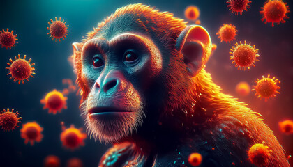 monkey with floating virus particles representing monkeypox mpox infection and spread