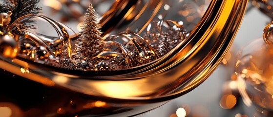 A close-up view of festive decorations with shiny gold elements and miniature trees against a blurred background.