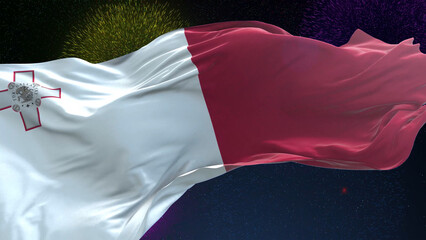 Malta flag - Waving flag on celebrating fireworks for national holiday day. Ceremony for patriotic celebration of nation 