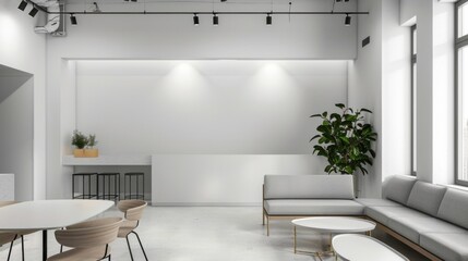 Aufkleber - A sleek and contemporary co-living space design featuring a pristine white canvas backdrop, Minimalist shared living essentials arranged for functionality and style, Contemporary minimalist style