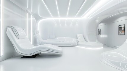 Aufkleber - A sleek and futuristic spaceship interior-inspired living room design featuring a white canvas backdrop, Furnished with sleek lines, futuristic lighting