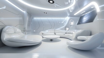 Aufkleber - A sleek and futuristic spaceship interior-inspired living room design featuring a white canvas backdrop, Furnished with sleek lines, futuristic lighting