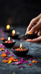 Hands lighting a diya with oil, close-up, traditional Festival of Lights moment