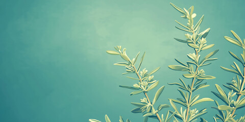 Wall Mural - Rosemary plant with small flowers along woody stems, illustration art