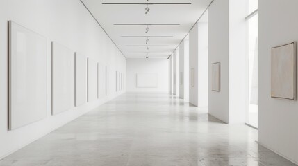 Aufkleber - A sleek and modern art exhibition showcasing a pristine white canvas backdrop, Minimalist artworks meticulously arranged, Contemporary minimalist style